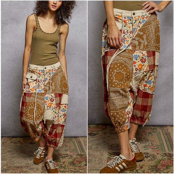 POL Pants - POL Floral Print Color Block Frayed Detail Harem Joggers